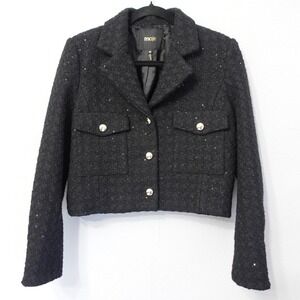 Maje Short Rhinestone Tweed Jacket Womens‎ 38 Black Sequin Cropped Blazer Edgy